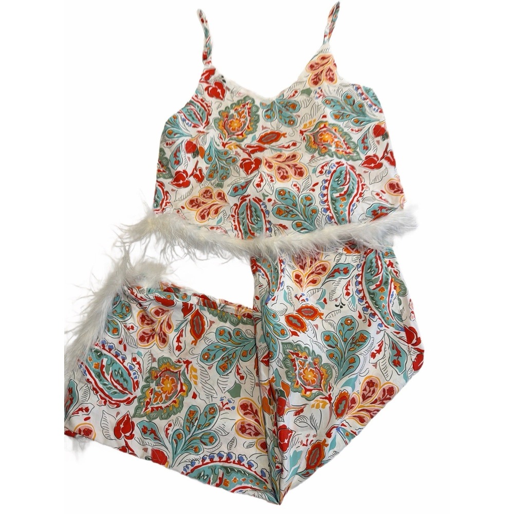 Entro Pajama Top S White Paisley Feather Trim Cami V-Neck T18688